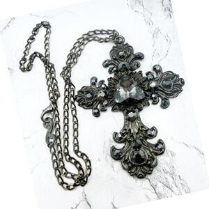 Marianna Austrian Crystal Gunmetal Cross Necklace Smoky Gray Statement